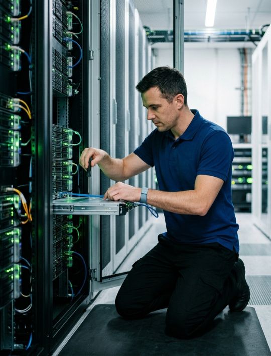 Hosttick premium NVMe web hosting datacenter technician managing secure server infrastructure